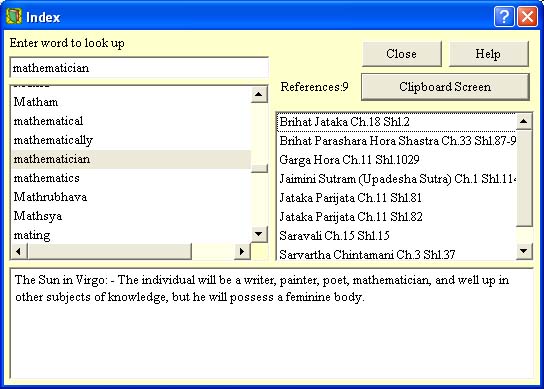 ヴェーダ占星術ブックシェルフの古典リファレンスのIndex（インデックス）画面